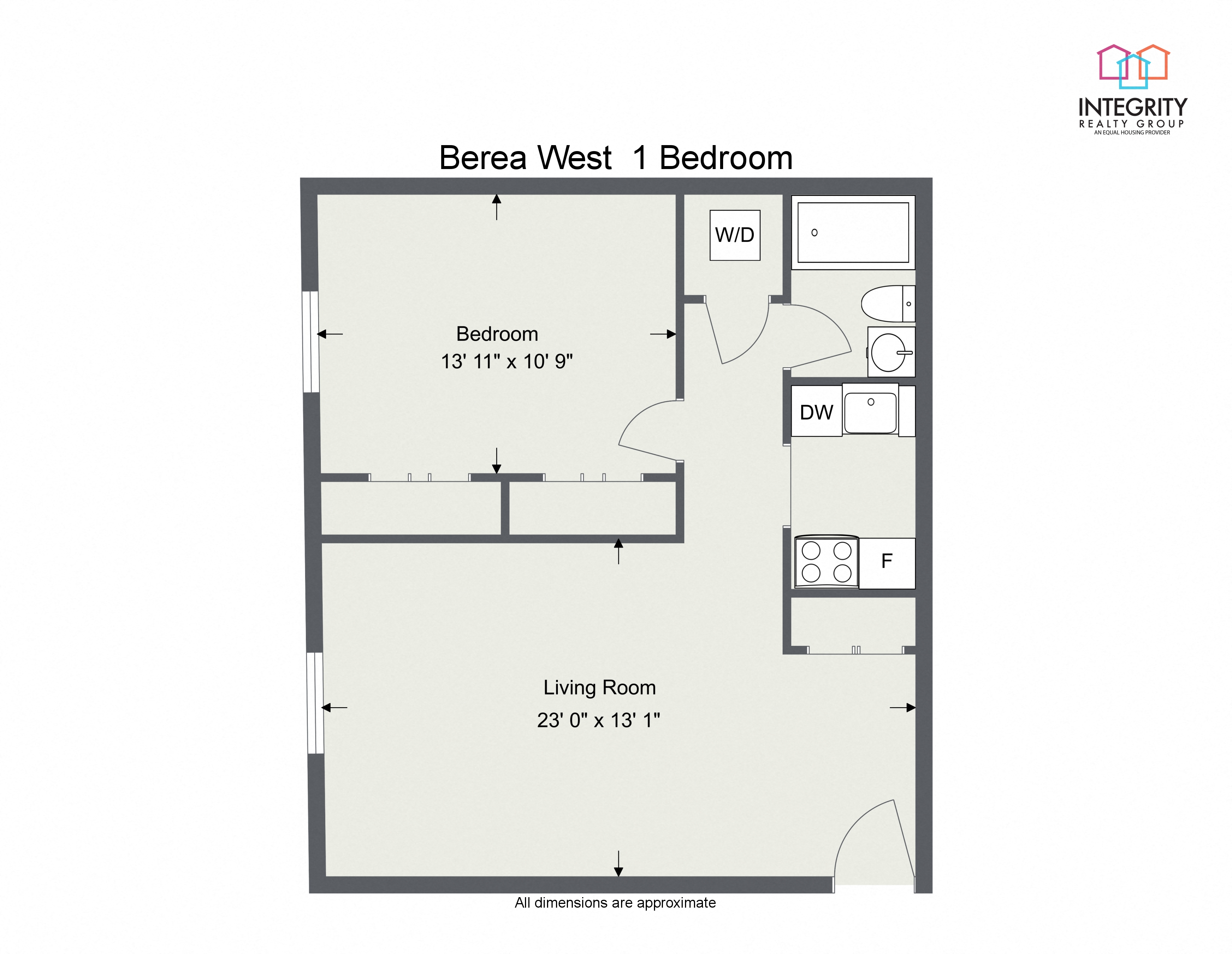 Floor plan for 1 bed, 1 bath, 670 sqft